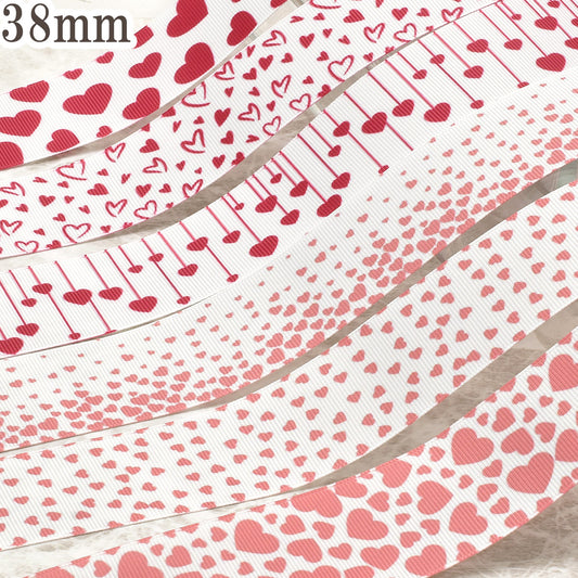 プリントリボンハート柄約1ｍ（98ｃｍ）カット済み「38ｍｍ/25ｍｍグログランリボン/サテンリボン印刷リボン個別価格」
