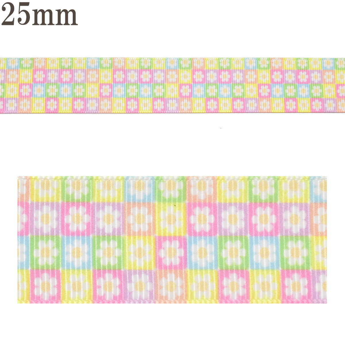 プリントリボン花柄白いお花のカラフルタイル柄リボン幅25mm1m単位切り売り(3m以上)