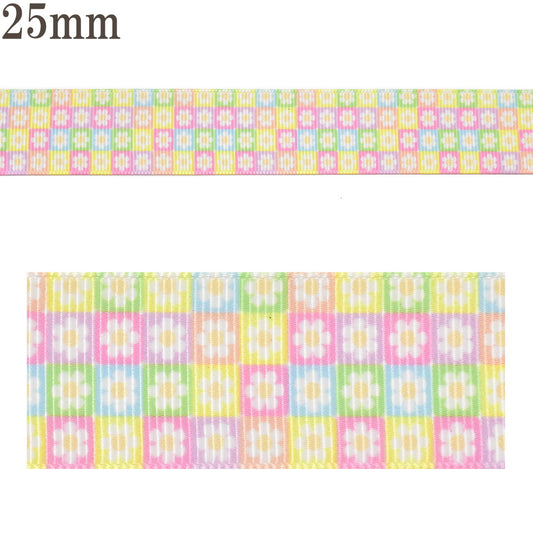 プリントリボン花柄白いお花のカラフルタイル柄リボン幅25mm1m単位切り売り(3m以上)