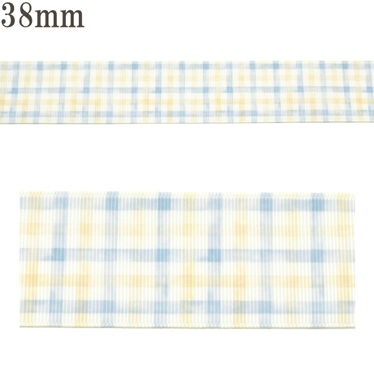 プリントリボン大人可愛いミルキーブルーのチェック柄リボン幅38mm1m単位切り売り(2m以上)