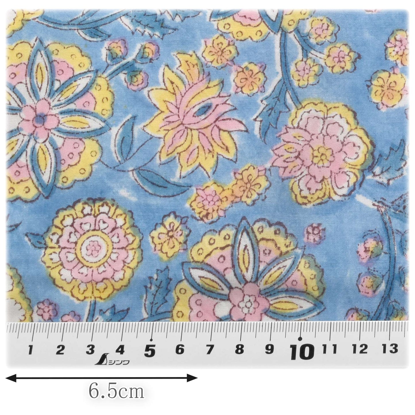 インド綿空色と黄色いお花キャンブリック生地HSK816-18カナヤス(359)(30cm以上10cm単位切り売り)