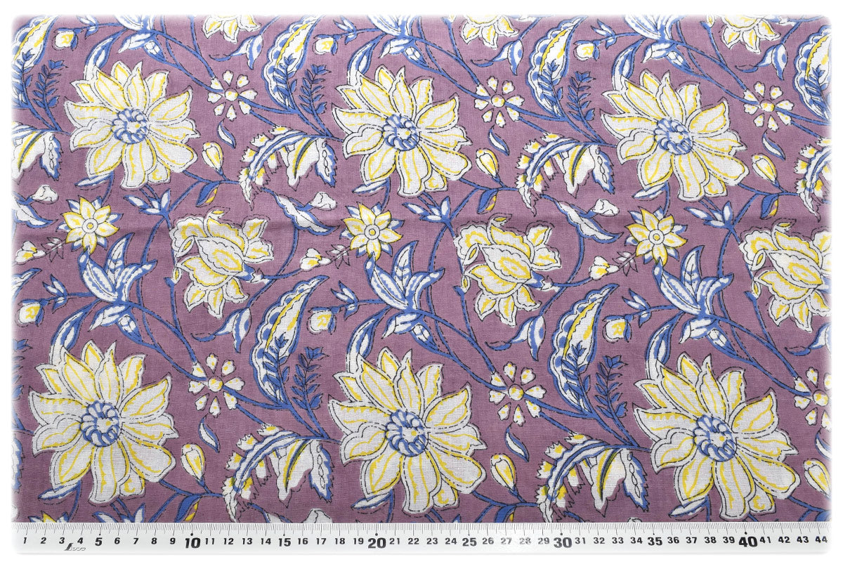 インド綿パープル＆イエローフラワーコットンボイル生地150-1676-E1小泉(244)(30cm以上10cm単位切り売り)