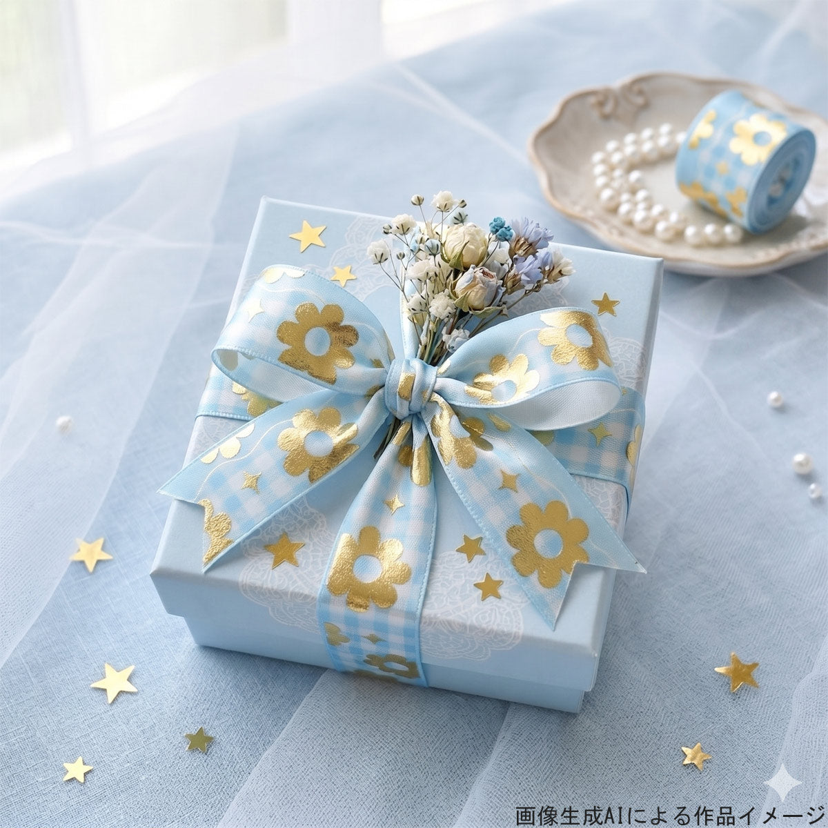 プリントリボン花柄箔押し金のお花と水色のパステルチェック柄リボン幅25mm1m単位切り売り(2m以上)