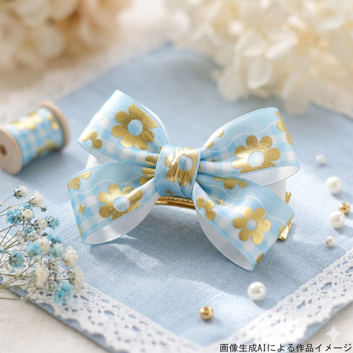 プリントリボン花柄箔押し金のお花と水色のパステルチェック柄リボン幅25mm1m単位切り売り(2m以上)