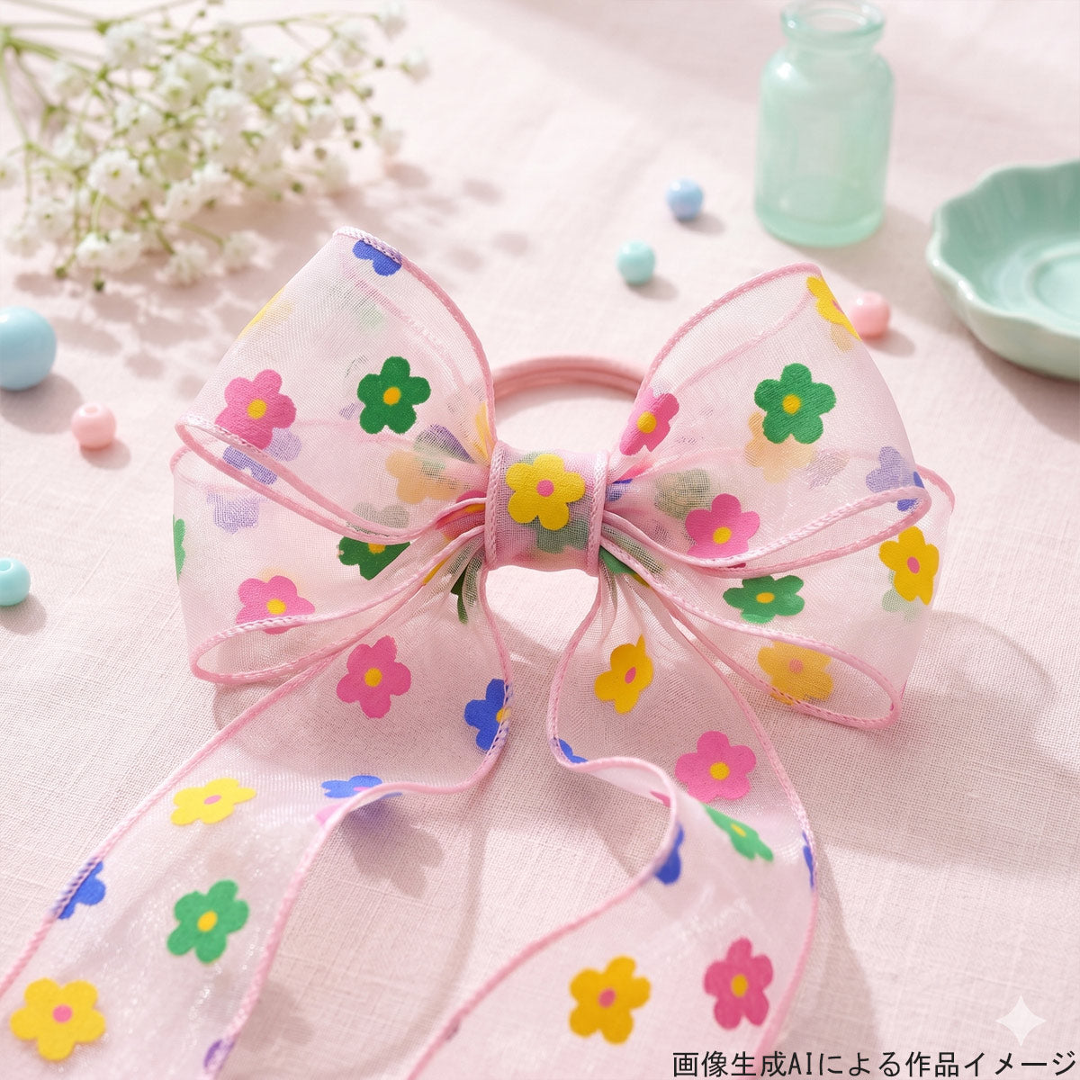 プリントリボン花柄カラフルお花とピンクのオーガンジーリボン幅25mmロール巻き4.3m
