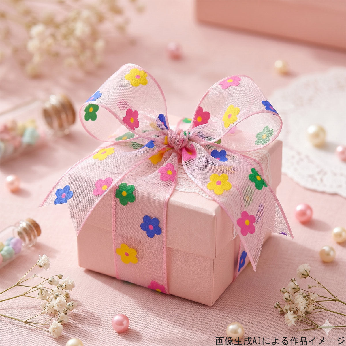 プリントリボン花柄カラフルお花とピンクのオーガンジーリボン幅25mmロール巻き4.3m