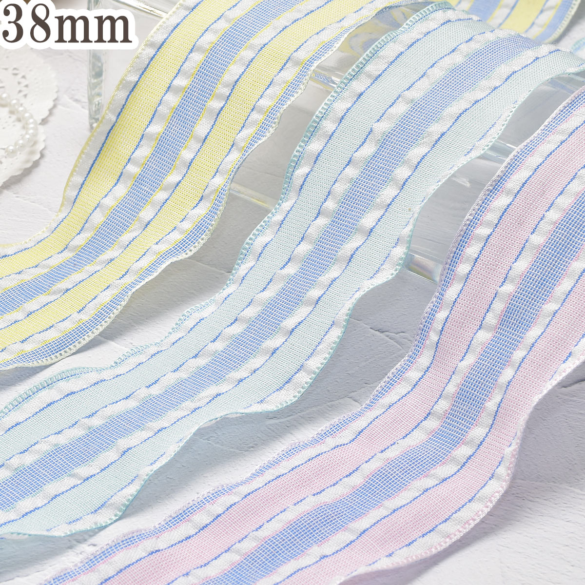 パステルボーダーファブリックリボン幅38mm1m単位切り売り