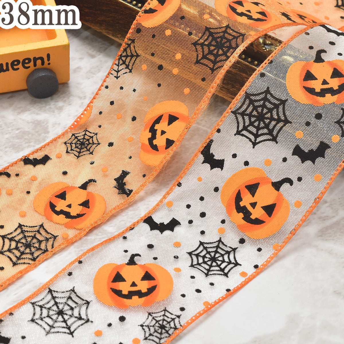 プリントリボンハロウィンカボチャのオーガンジーリボン幅38mmロール巻き4.5m