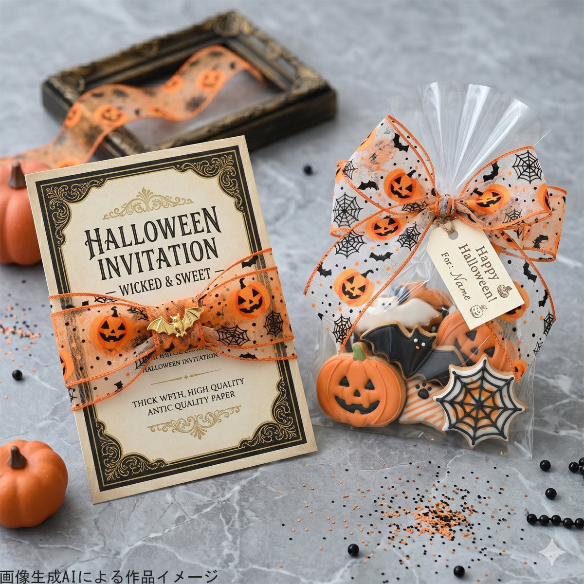 プリントリボンハロウィンカボチャのオーガンジーリボン幅38mmロール巻き4.5m