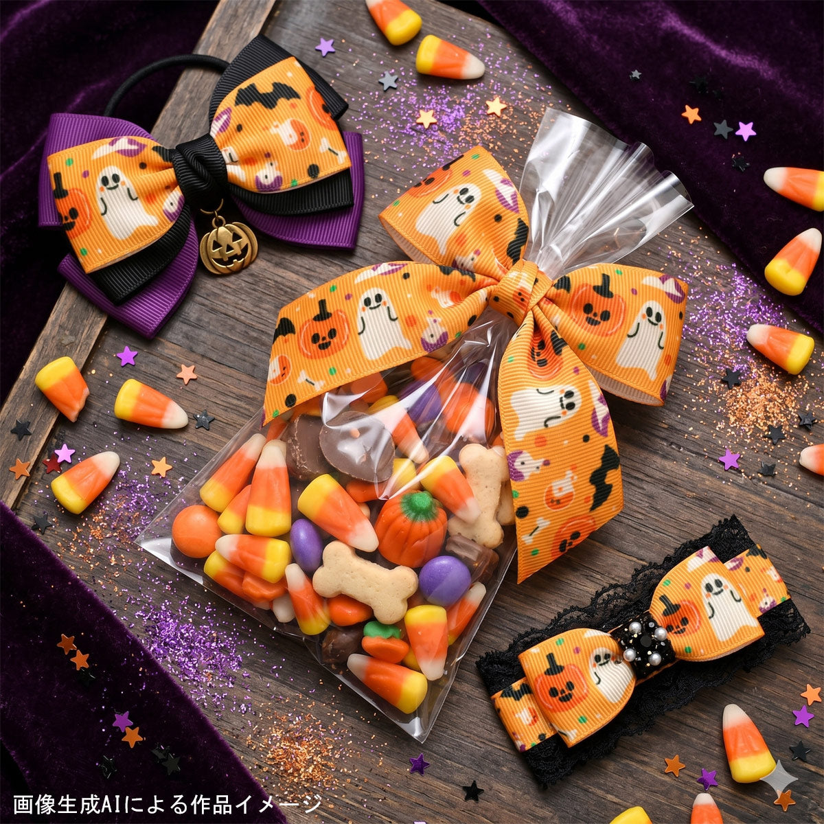 プリントリボンハロウィンBIGオレンジのお騒がせお化けのパーティリボン幅25mm1m単位切り売り(3m以上)