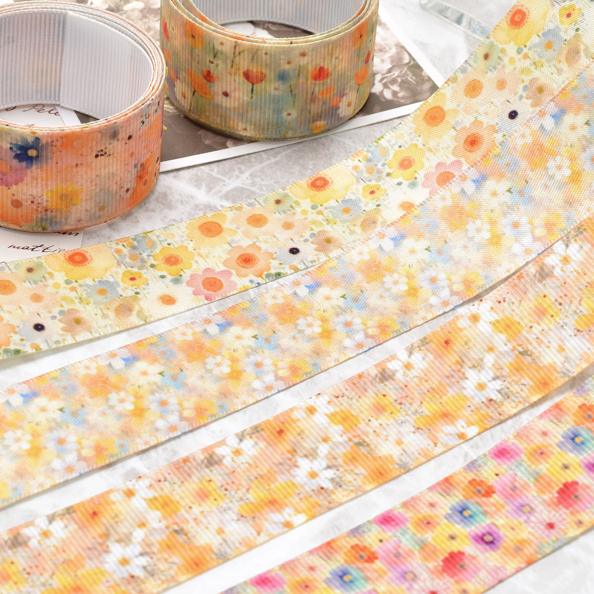 花柄黄色系A25mm幅約1ｍ（98ｃｍ）カット済み「グログランリボン／サテンリボンプリントリボン印刷リボン」
