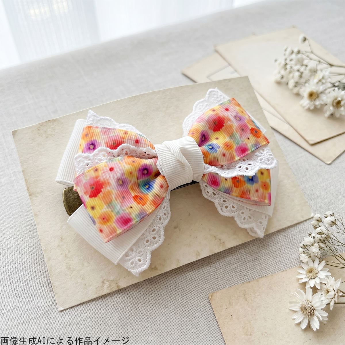 花柄黄色系A25mm幅約1ｍ（98ｃｍ）カット済み「グログランリボン／サテンリボンプリントリボン印刷リボン」
