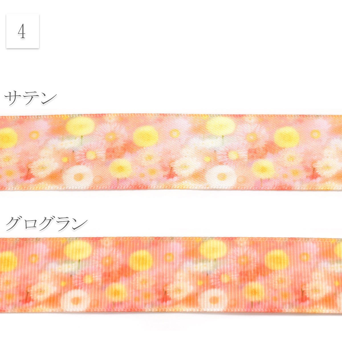 花柄黄色系B25mm幅約1ｍ（98ｃｍ）カット済み「グログランリボン／サテンリボンプリントリボン印刷リボン」