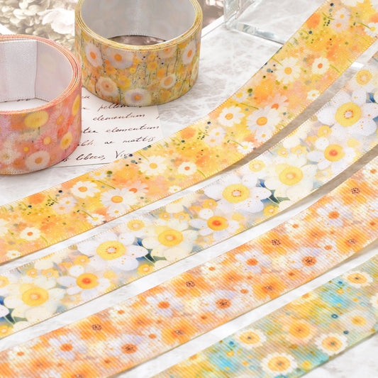 花柄黄色系B25mm幅約1ｍ（98ｃｍ）カット済み「グログランリボン／サテンリボンプリントリボン印刷リボン」