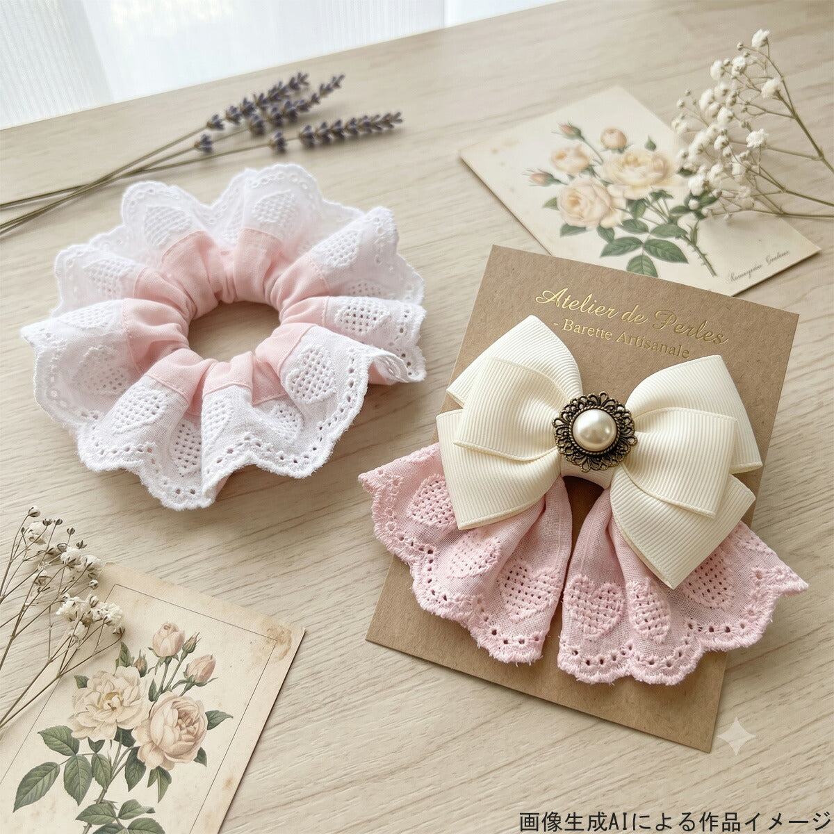 水玉とハートのスカラップ刺繍レース幅50mm1m単位切り売り