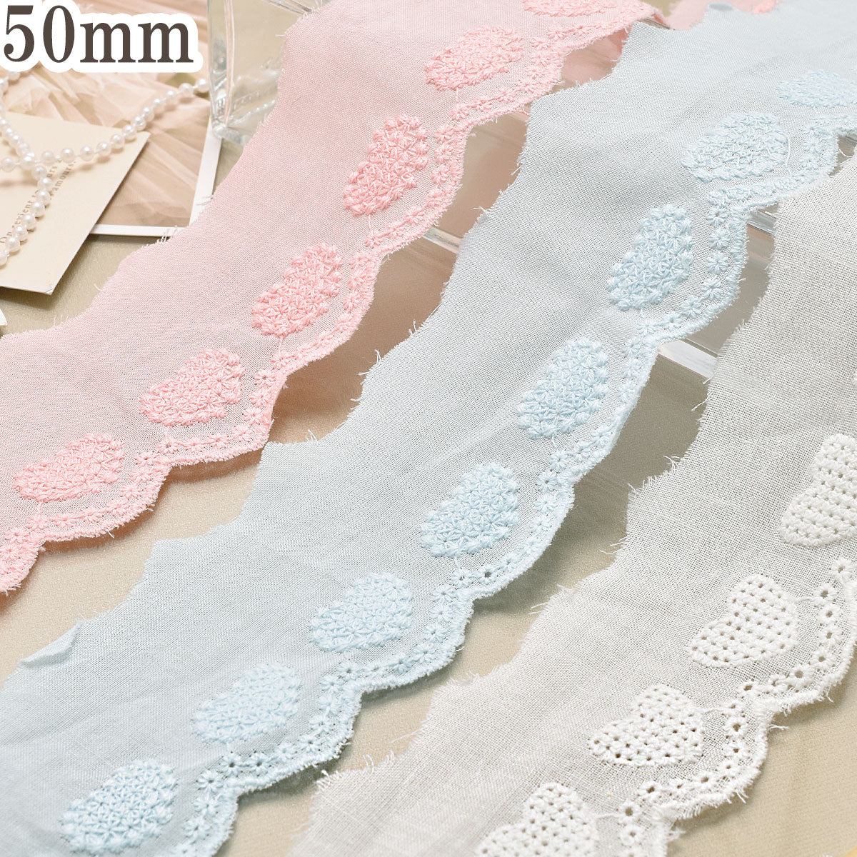 水玉とハートのスカラップ刺繍レース幅50mm1m単位切り売り