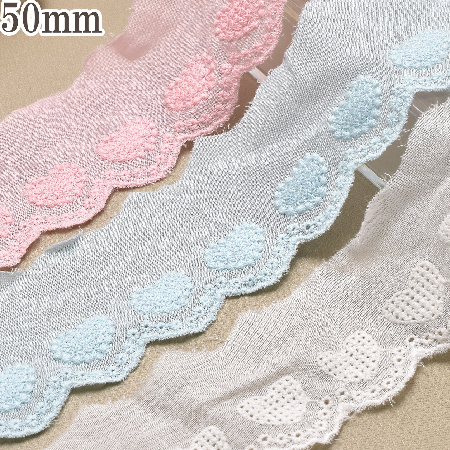 水玉とハートのスカラップ刺繍レース幅50mm1m単位切り売り