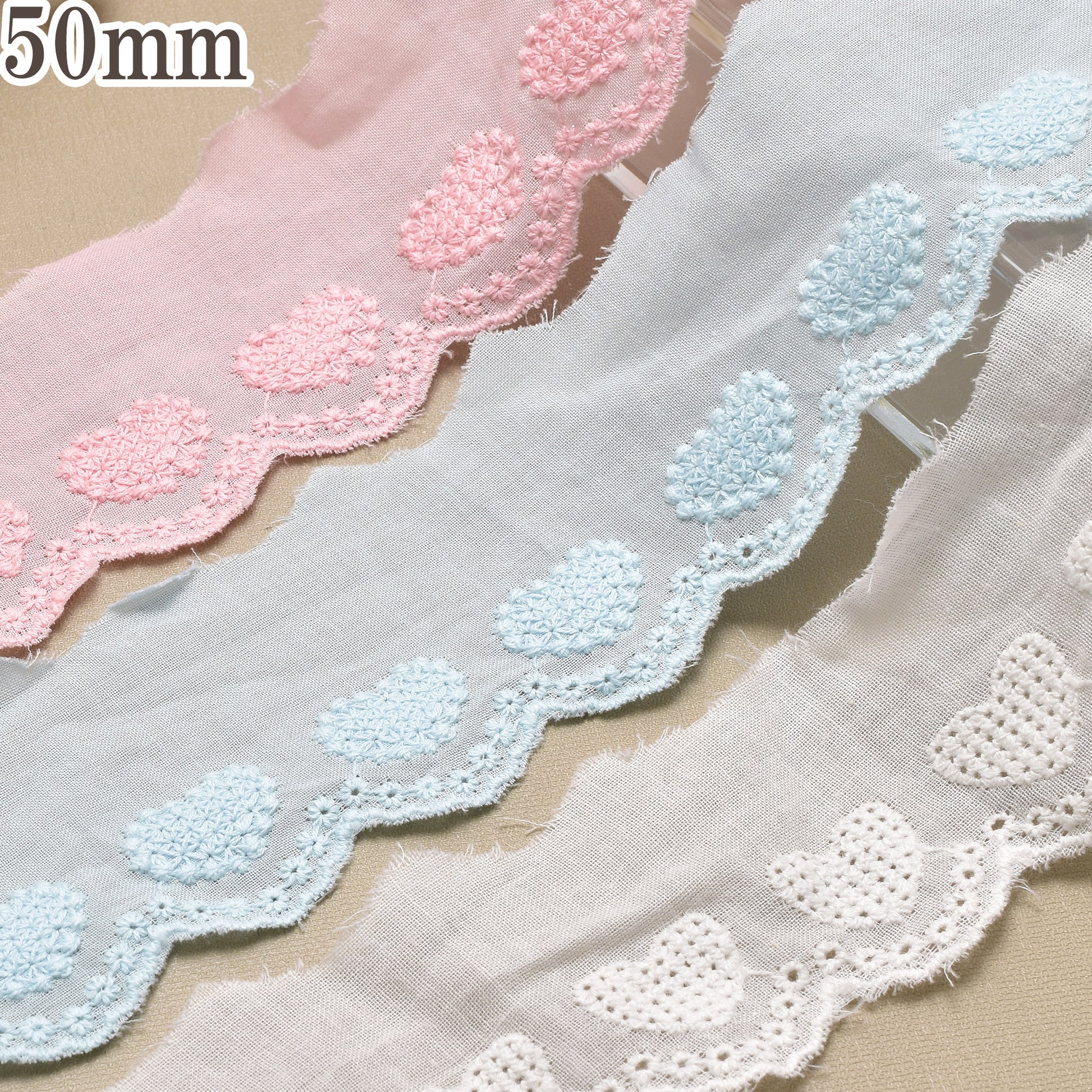 水玉とハートのスカラップ刺繍レース幅50mm1m単位切り売り