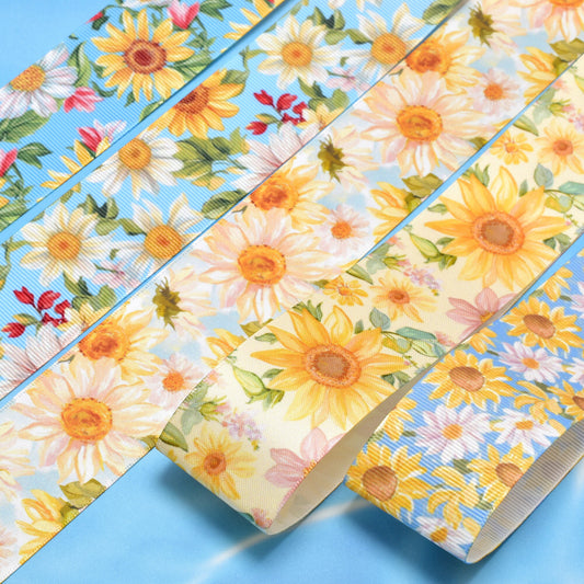 夏の花柄A38mm幅約1ｍ（98ｃｍ）カット済み「グログランリボン／サテンリボンプリントリボン印刷リボン」
