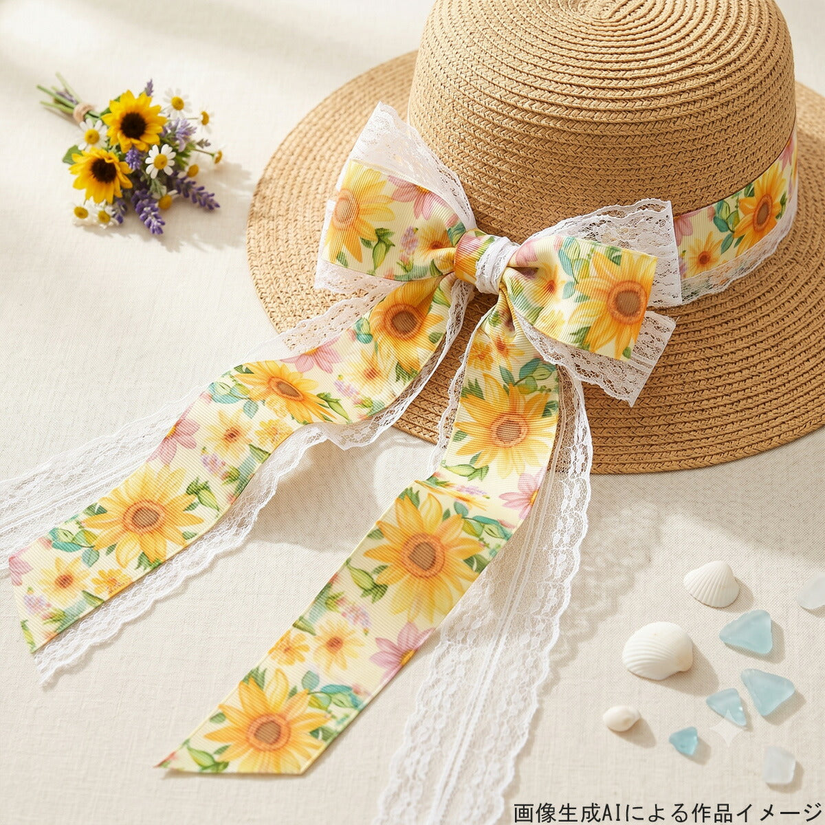 夏の花柄A38mm幅約1ｍ（98ｃｍ）カット済み「グログランリボン／サテンリボンプリントリボン印刷リボン」