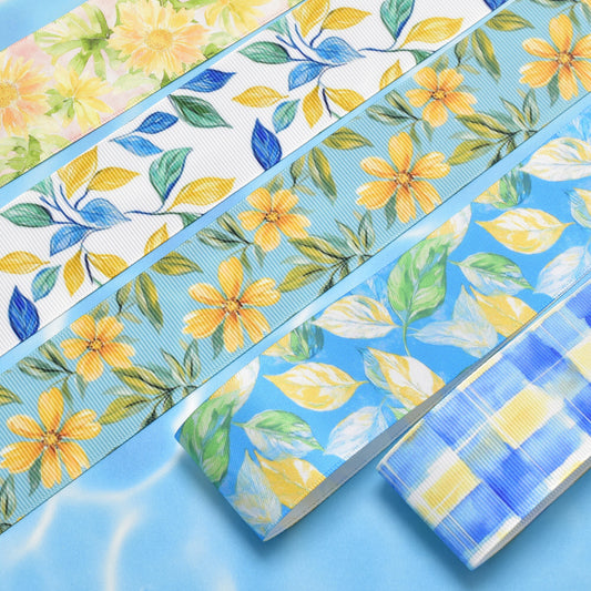 夏の花柄B38mm幅約1ｍ（98ｃｍ）カット済み「グログランリボン／サテンリボンプリントリボン印刷リボン」