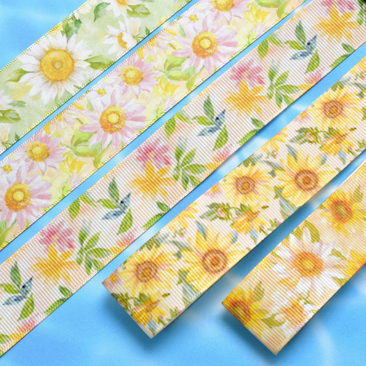 夏の花柄C25mm幅約1ｍ（98ｃｍ）カット済み「グログランリボン／サテンリボンプリントリボン印刷リボン」