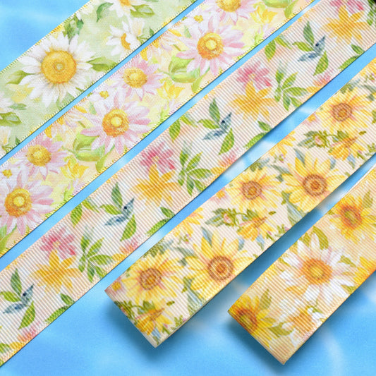 夏の花柄C25mm幅約1ｍ（98ｃｍ）カット済み「グログランリボン／サテンリボンプリントリボン印刷リボン」