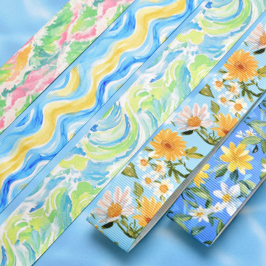 夏の花柄D25mm幅約1ｍ（98ｃｍ）カット済み「グログランリボン／サテンリボンプリントリボン印刷リボン」