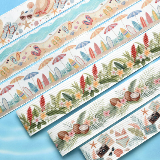 夏の海柄25mm幅約1ｍ（98ｃｍ）カット済み「グログランリボン／サテンリボンプリントリボン印刷リボン」