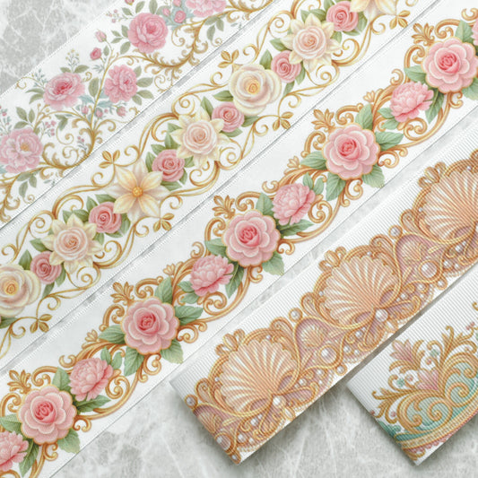 ロココ調アンティーク柄38mm幅約1ｍ（98ｃｍ）カット済み「グログランリボン／サテンリボンプリントリボン印刷リボン」