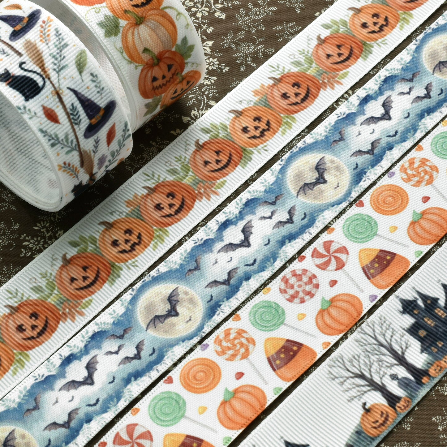 ハロウィン柄25mm幅約1ｍ（98ｃｍ）カット済み「グログランリボン／サテンリボンプリントリボン印刷リボン」