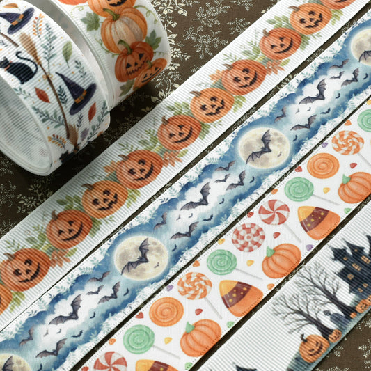 ハロウィン柄25mm幅約1ｍ（98ｃｍ）カット済み「グログランリボン／サテンリボンプリントリボン印刷リボン」