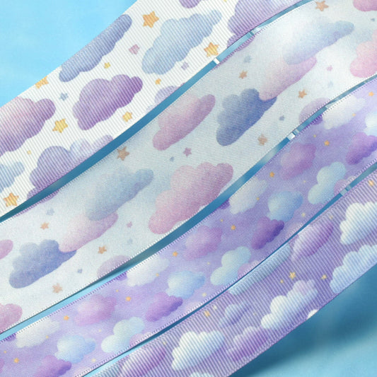 雲柄プリントリボン約1ｍ（98ｃｍ）カット済み「25mm幅／38mm幅グログランリボン／サテンリボン印刷リボン」