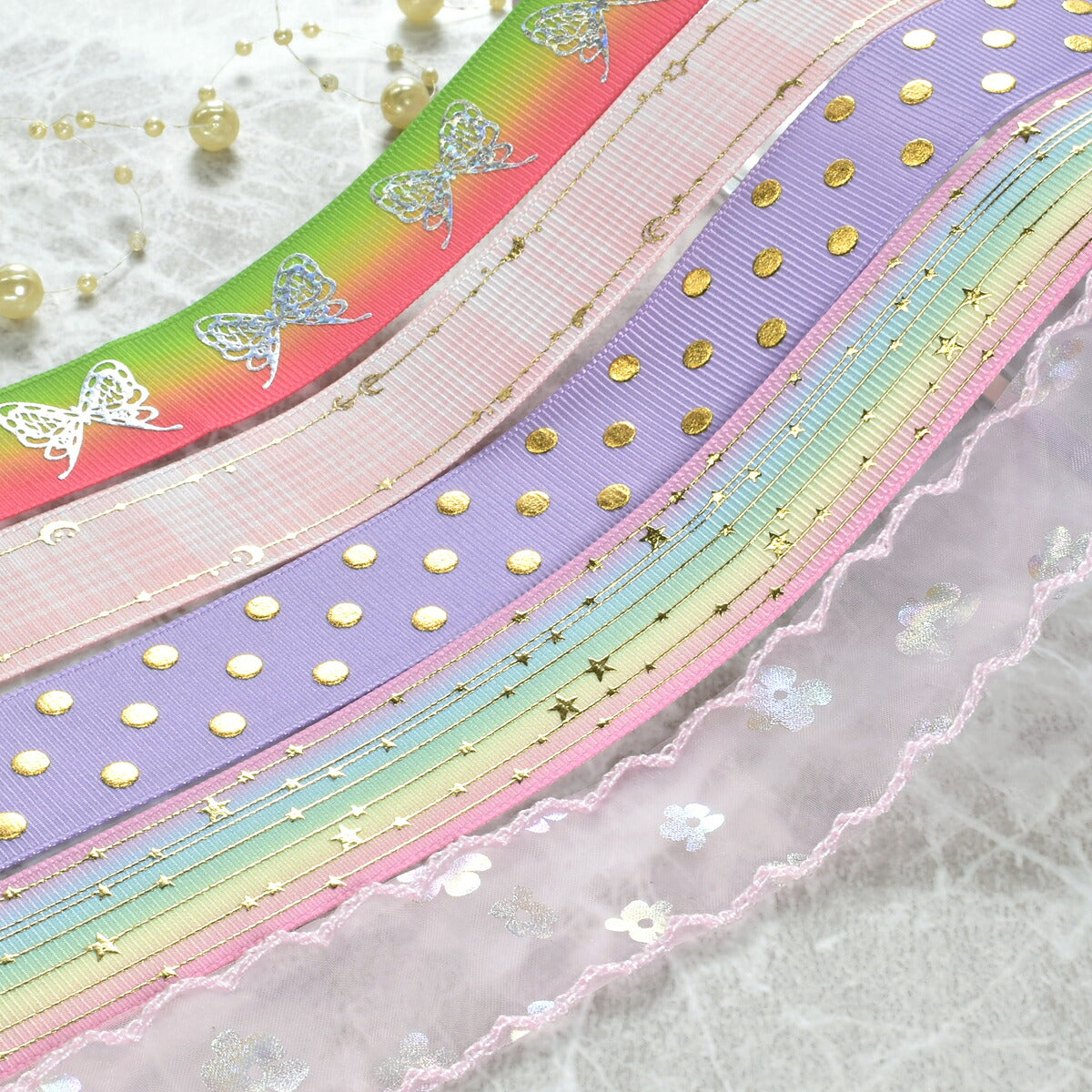 リボンアソートセット箔押しラメ系幅25mm約50cm×10本