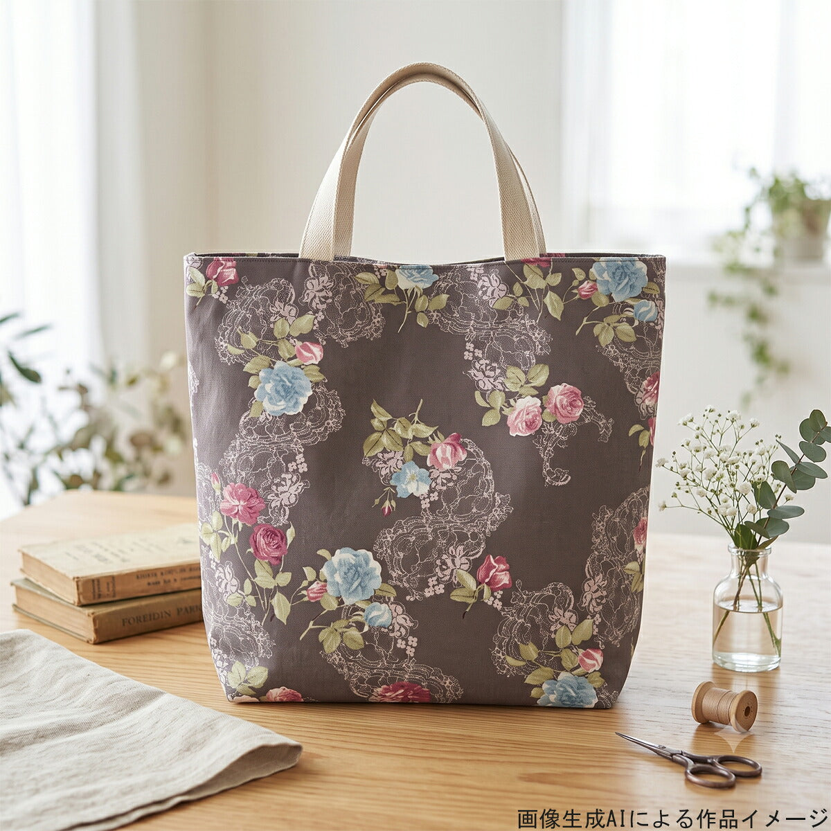 薔薇とアンティークレース綿モーリークロス生地149052YUWA有輪商店(30cm以上10cm単位切り売り)
