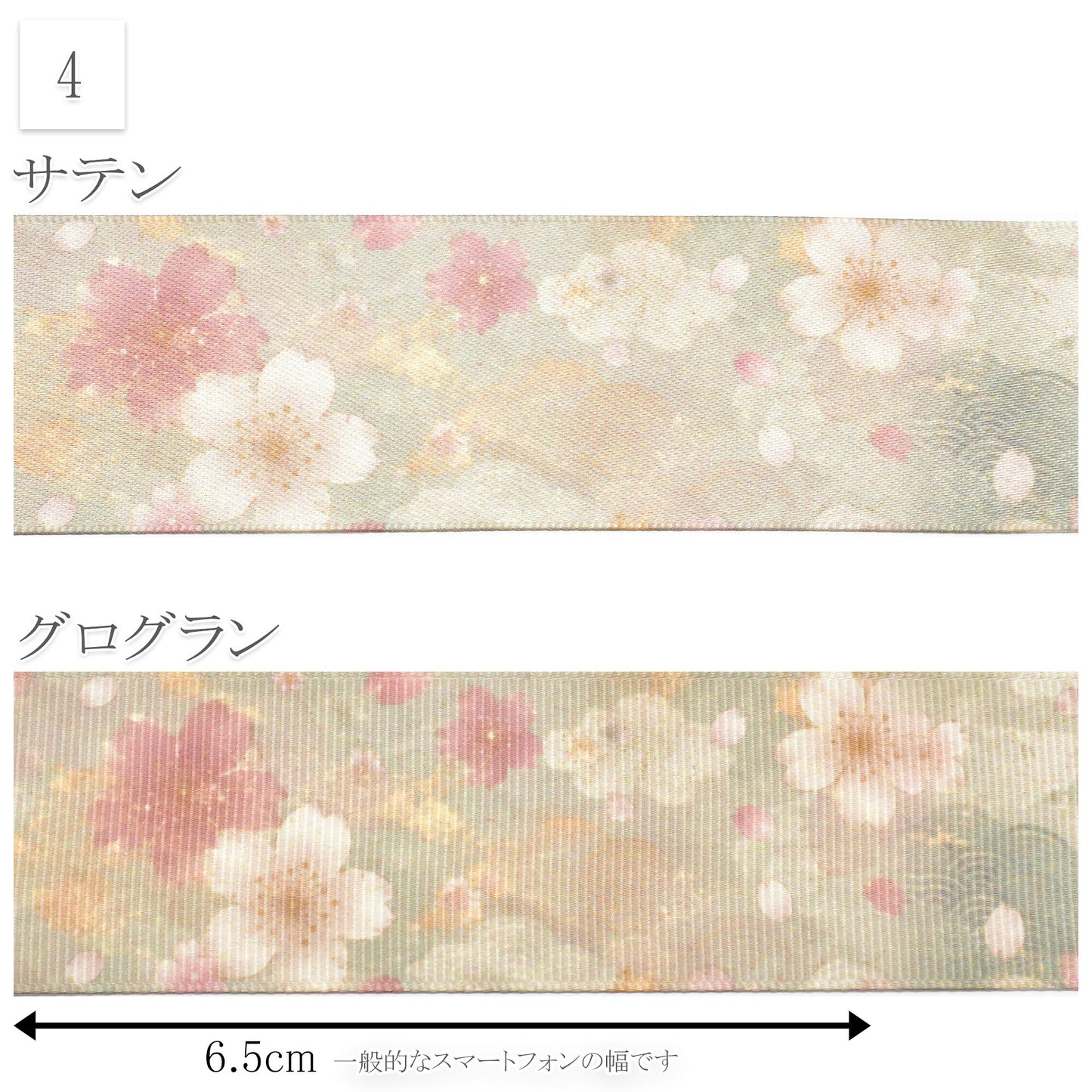パステルカラーの和柄38mm幅プリントリボン約1ｍ（98ｃｍ）カット済み「グログランリボン／サテンリボン印刷リボン」
