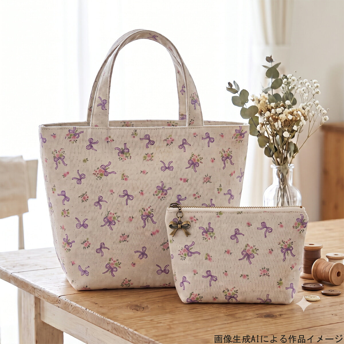 リボンと小花綿麻キャンバス生地AP65203-3コスモ(30cm以上10cm単位切り売り)