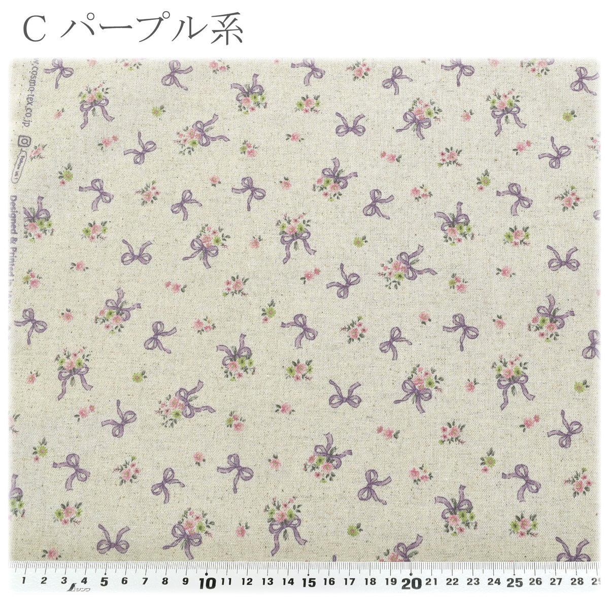 リボンと小花綿麻キャンバス生地AP65203-3コスモ(30cm以上10cm単位切り売り)