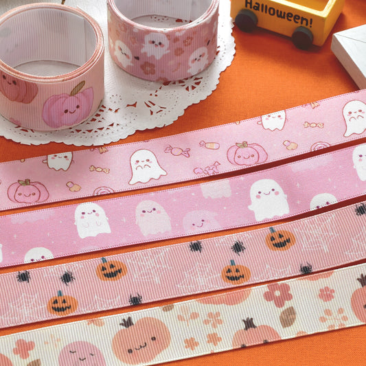 ゆるかわピンクハロウィン25mm幅プリントリボン約1ｍ（98ｃｍ）カット済み「グログランリボン／サテンリボン印刷リボン」