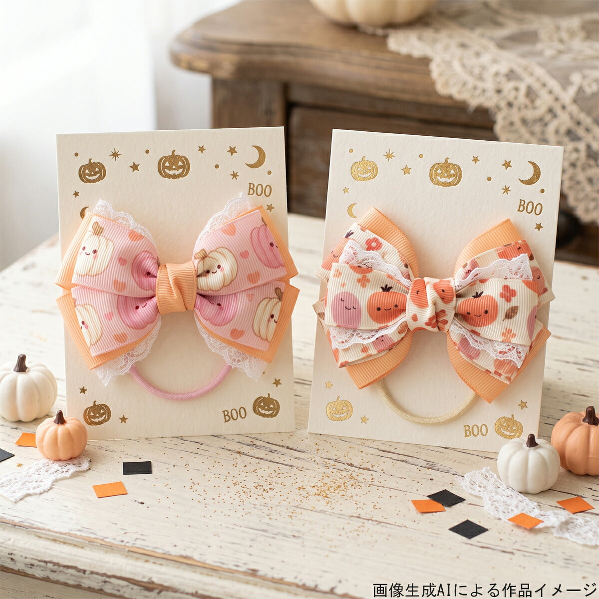 ゆるかわピンクハロウィン25mm幅プリントリボン約1ｍ（98ｃｍ）カット済み「グログランリボン／サテンリボン印刷リボン」