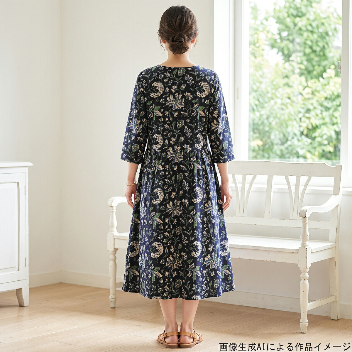 インド綿ネイビーボタニカルフラワーシーチング生地HSK841-C7カナヤス(364)(30cm以上10cm単位切り売り)