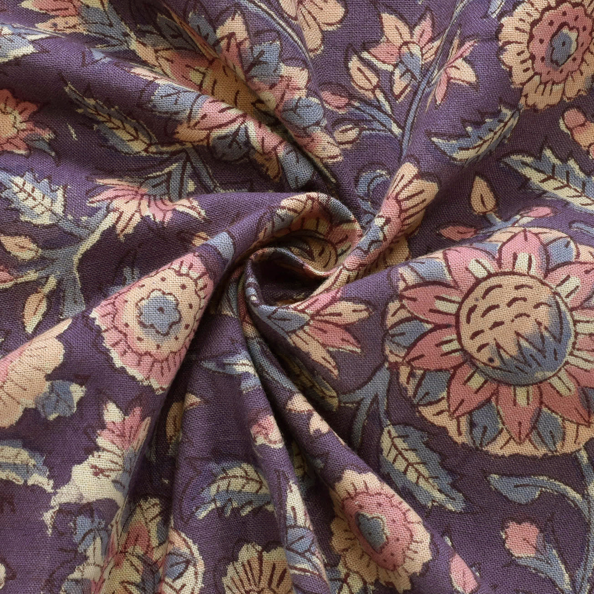 インド綿パープルの花柄シーチング生地HSK841-C3カナヤス(46)(30cm以上10cm単位切り売り)