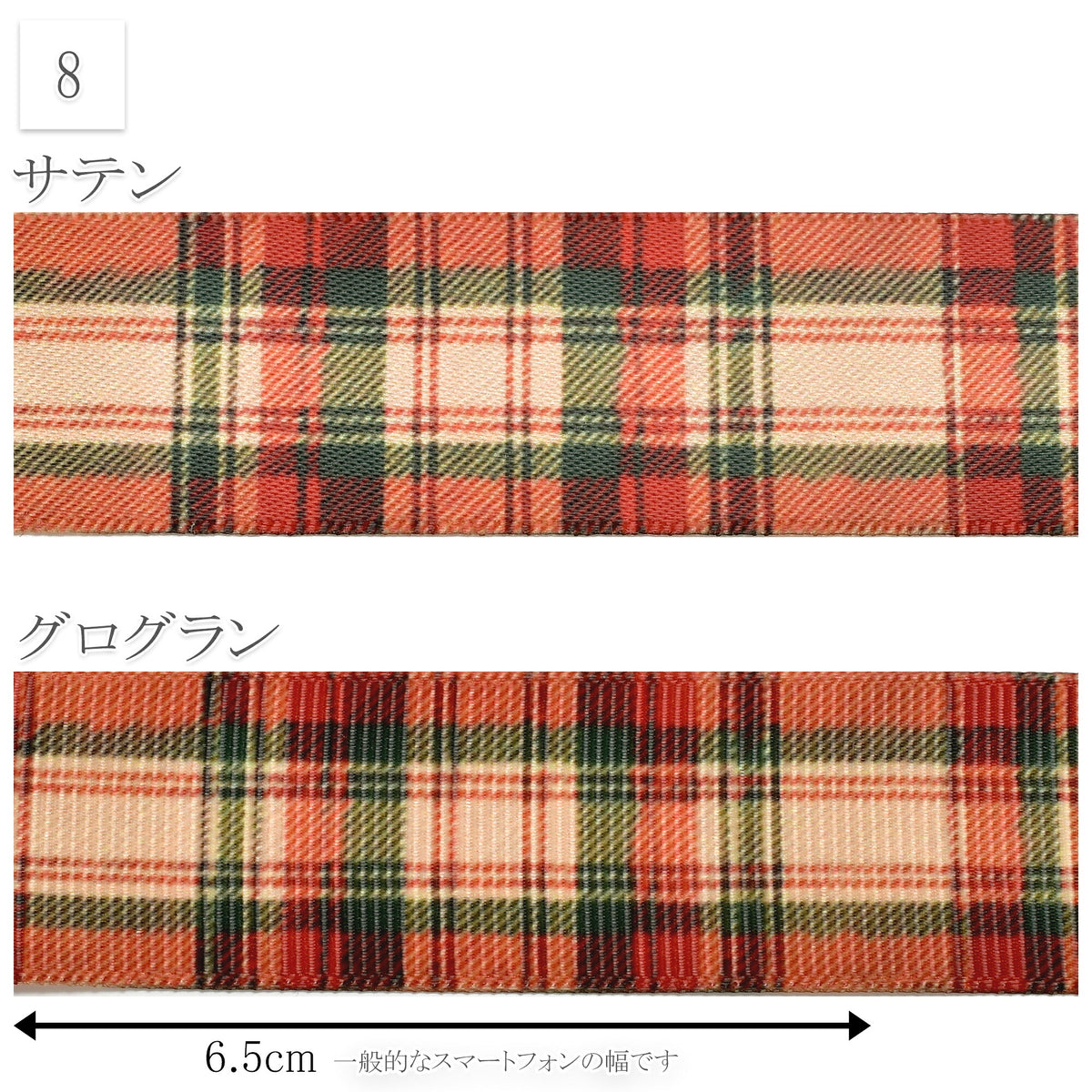 大人可愛いクリスマスチェック25mm幅プリントリボン約1ｍ（98ｃｍ）カット済み「グログランリボン／サテンリボン印刷リボン」