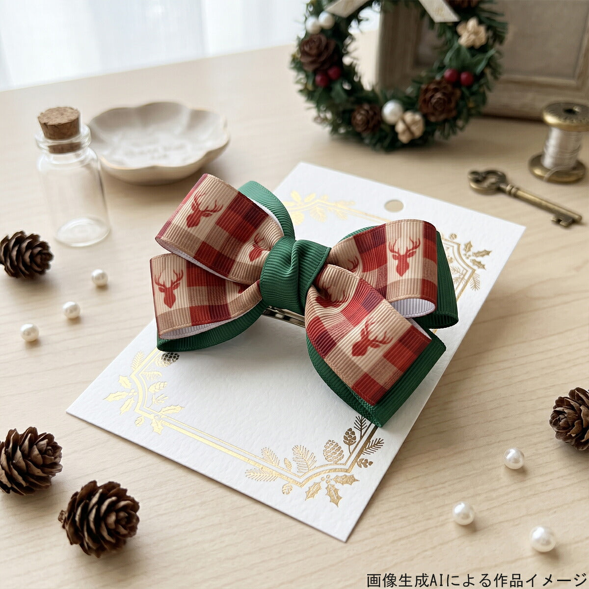 雪とトナカイのクリスマスリボン25mm幅プリントリボン約1ｍ（98ｃｍ）カット済み「グログランリボン／サテンリボン印刷リボン」
