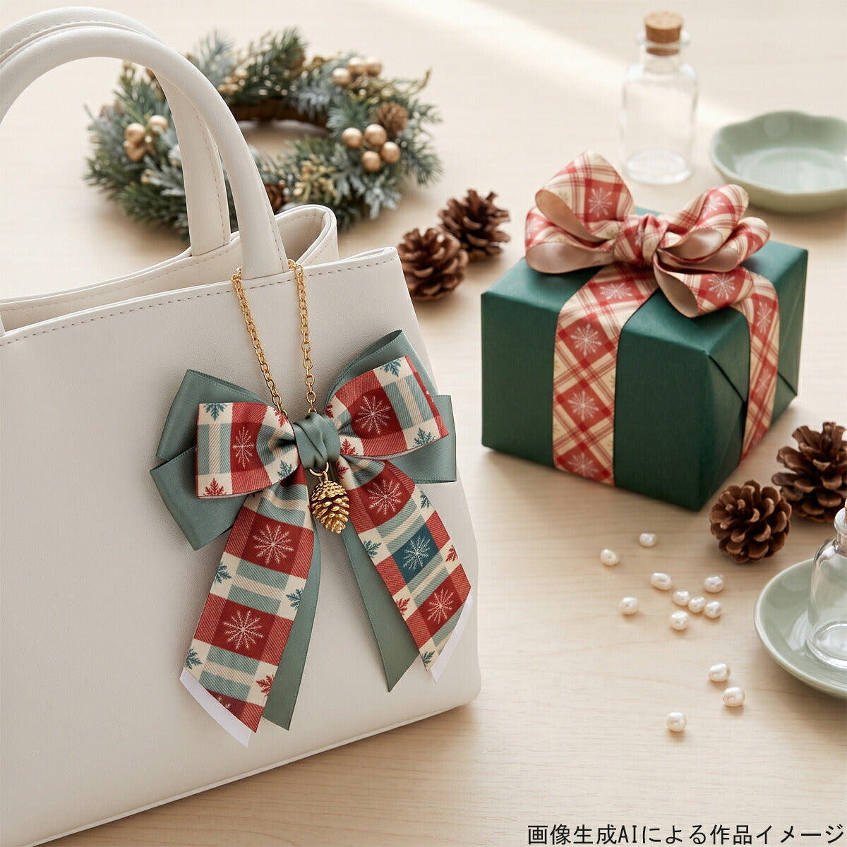 雪とトナカイのクリスマスリボン25mm幅プリントリボン約1ｍ（98ｃｍ）カット済み「グログランリボン／サテンリボン印刷リボン」