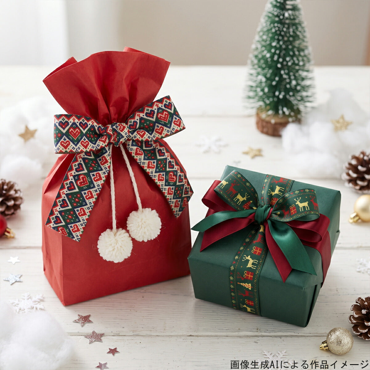 ニット編み風クリスマスリボン25mm幅プリントリボン約1ｍ（98ｃｍ）カット済み「グログランリボン／サテンリボン印刷リボン」