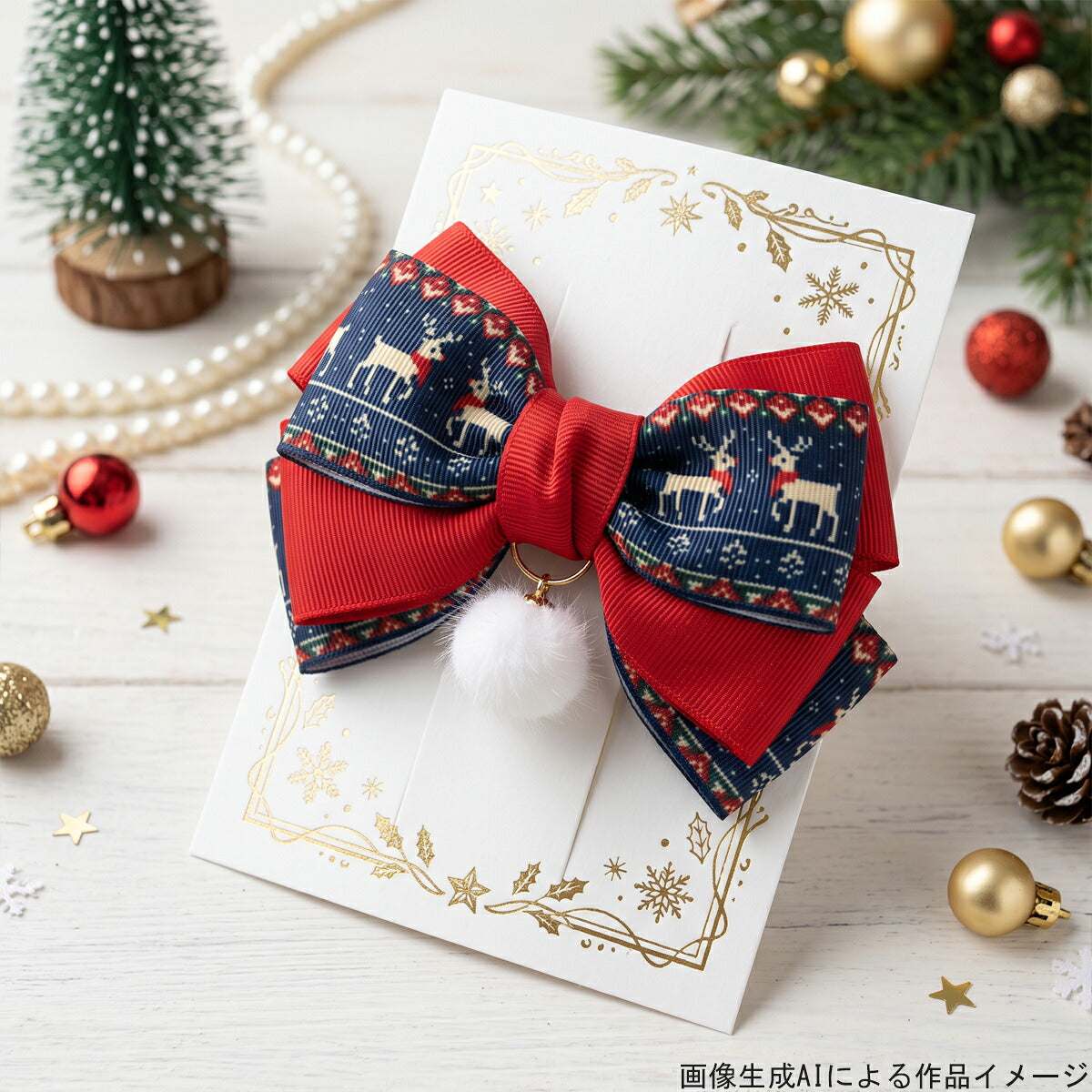 ニット編み風クリスマスリボン38mm幅プリントリボン約1ｍ（98ｃｍ）カット済み「グログランリボン／サテンリボン印刷リボン」