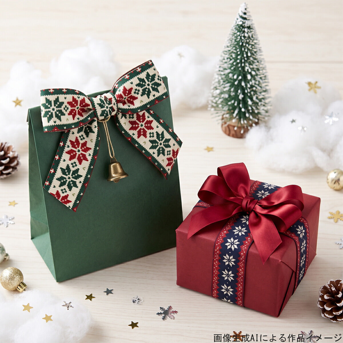 ニット編み風クリスマスリボン38mm幅プリントリボン約1ｍ（98ｃｍ）カット済み「グログランリボン／サテンリボン印刷リボン」