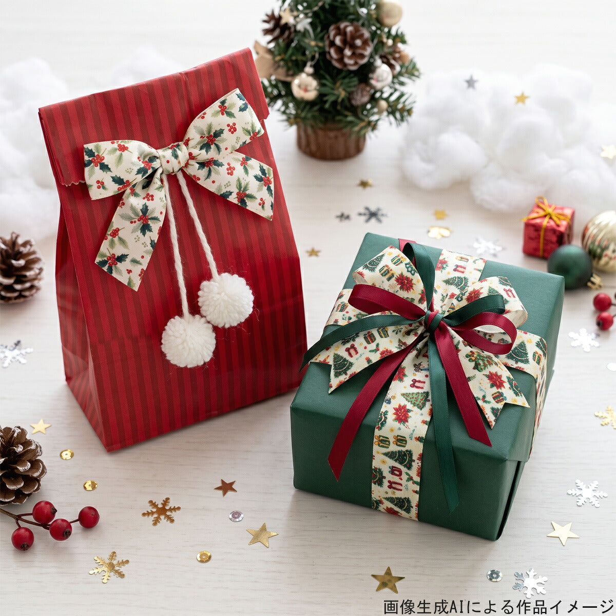 上品な絵本風クリスマスリボン25mm幅プリントリボン約1ｍ（98ｃｍ）カット済み「グログランリボン／サテンリボン印刷リボン」