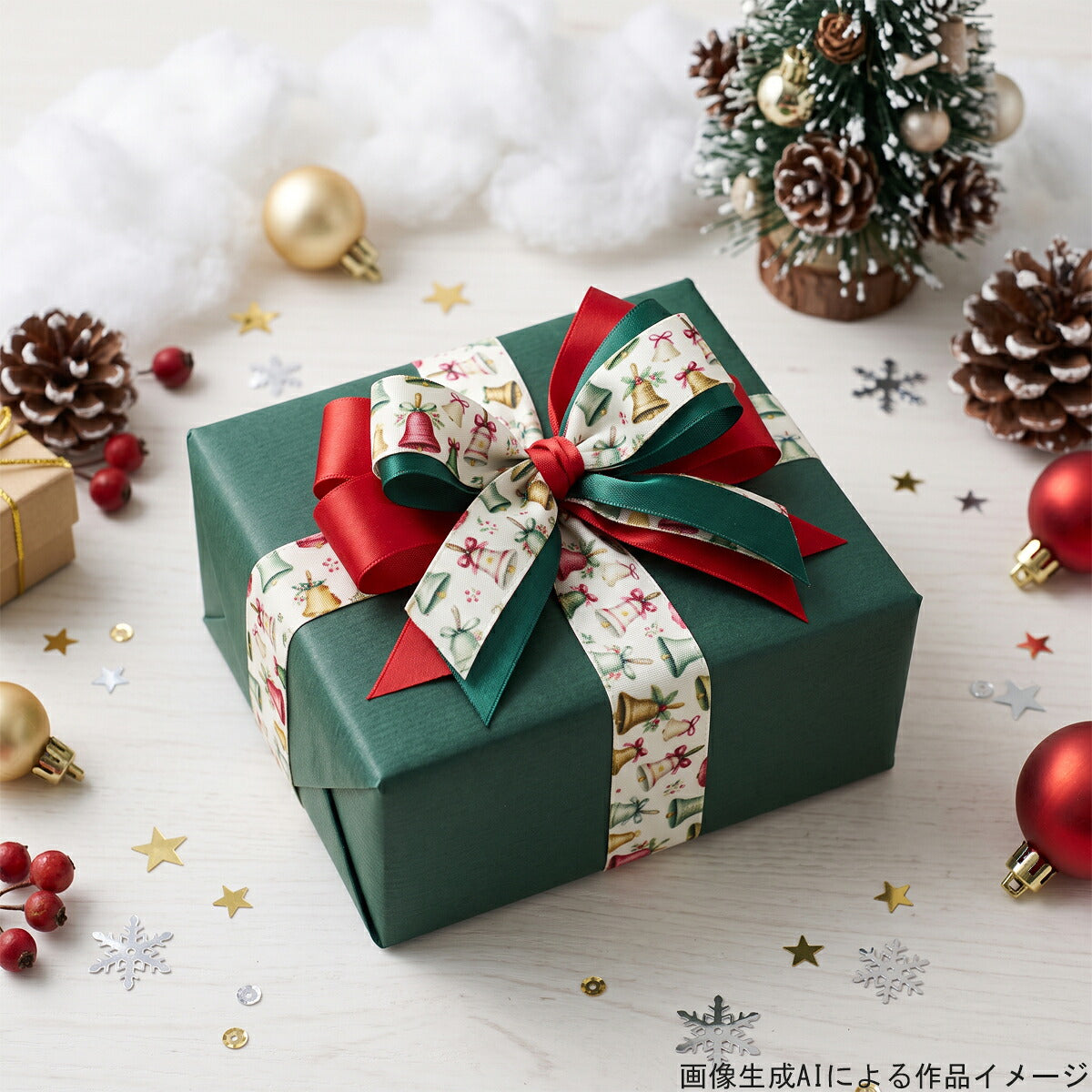 クリスマスベルと北欧風チェックリボン25mm幅プリントリボン約1ｍ（98ｃｍ）カット済み「グログランリボン／サテンリボン印刷リボン」